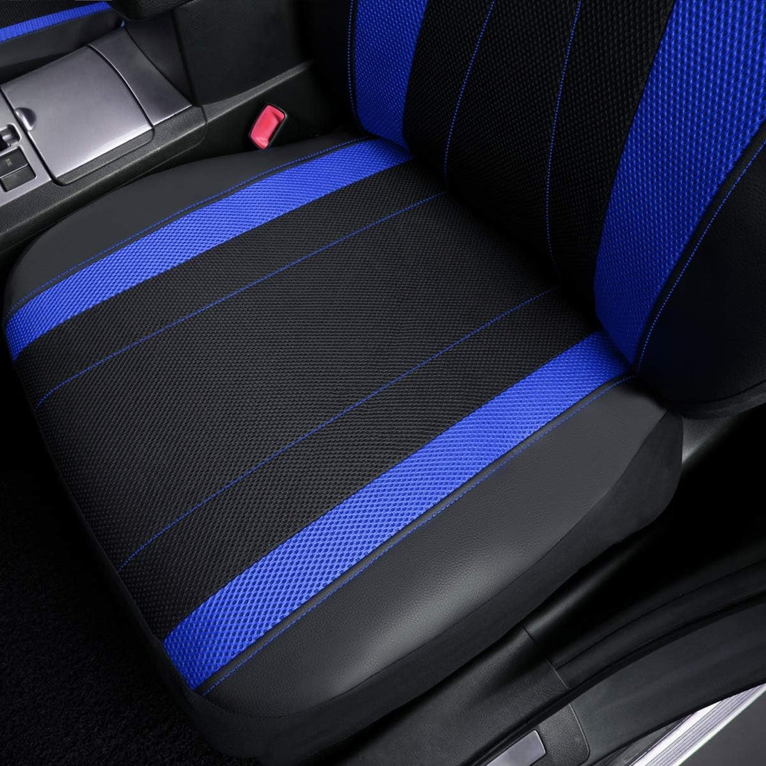 Car Seat Covers Full Set Faux Leather Air Mesh Breathable Man Lady Airbag Compatible Rear Bench Split 40/60 50/50 60/40 Truck Pick up (Full Set - Low Back, Black Blue)