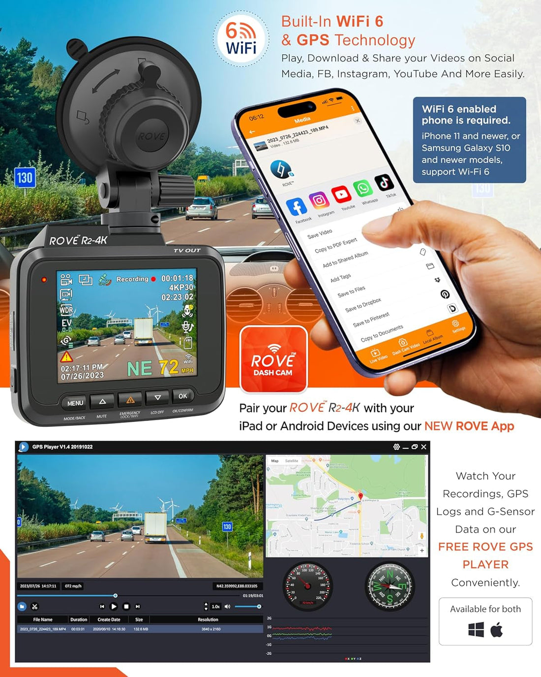 R2-4K Dash Cam Built in Wifi GPS Car Dashboard Camera Recorder with UHD 2160P