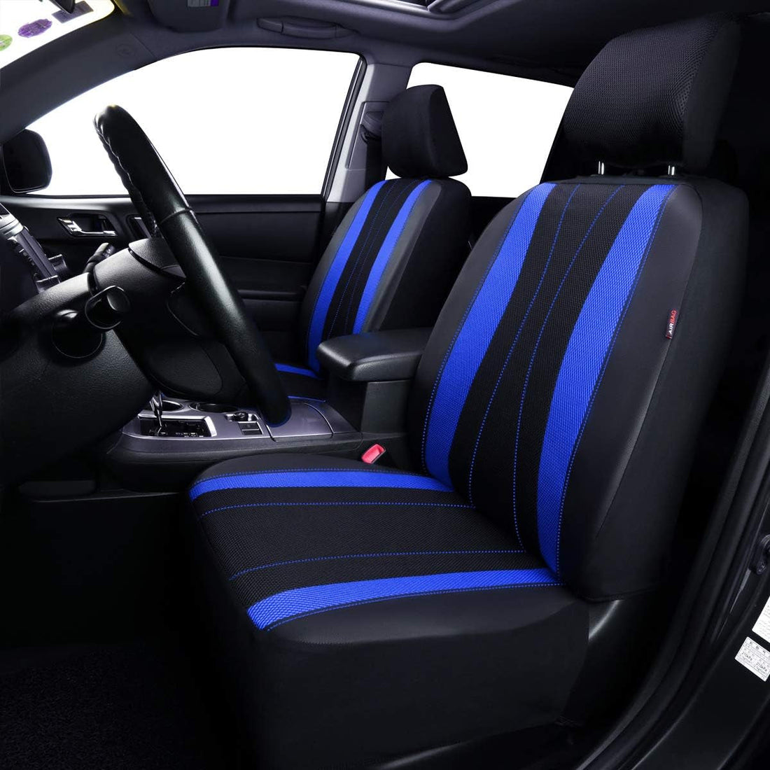 Car Seat Covers Full Set Faux Leather Air Mesh Breathable Man Lady Airbag Compatible Rear Bench Split 40/60 50/50 60/40 Truck Pick up (Full Set - Low Back, Black Blue)