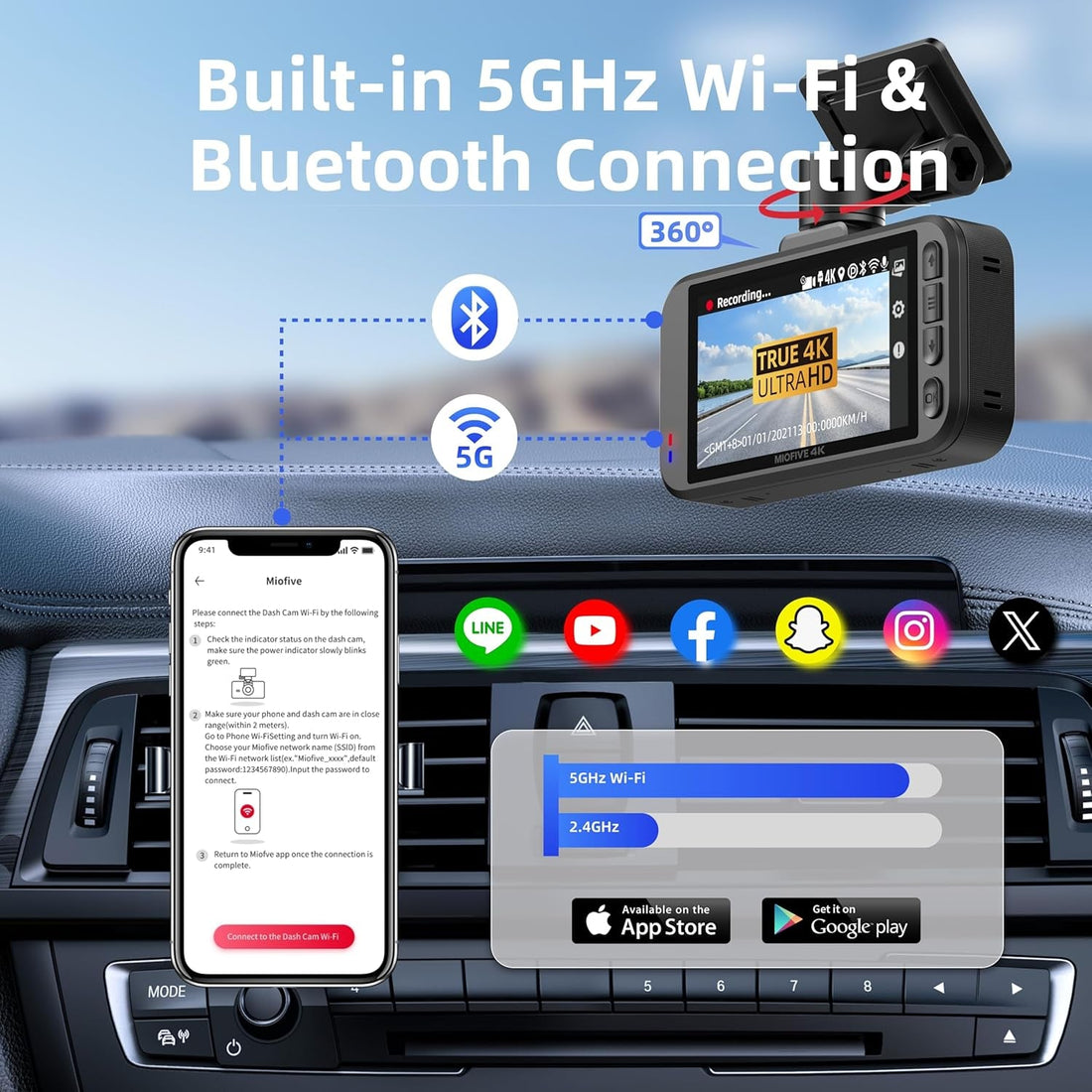 Dash Cam Front for Car 4K/2160P Dash Camera with 5G Wifi and Bluetooth APP