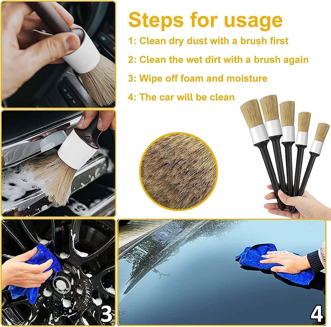 Car Detailing Brush, 5 Pcs Boar Hair Detail Brush