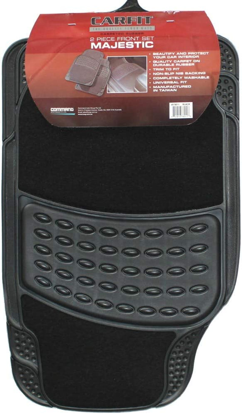 Majestic Front Carpet & Rubber Car Floor Mat 2 Piece Set - Black