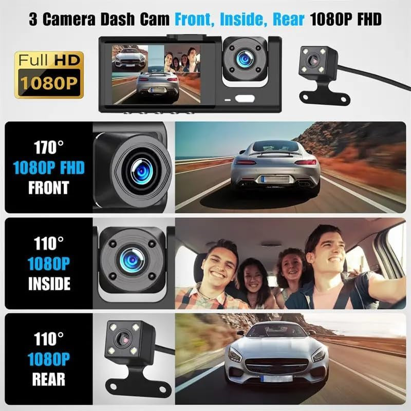 Dash Cam, Front and Rear Triple Lens Dash Cam 1080P Full HD Car Dash Cam with Iris G Sensor