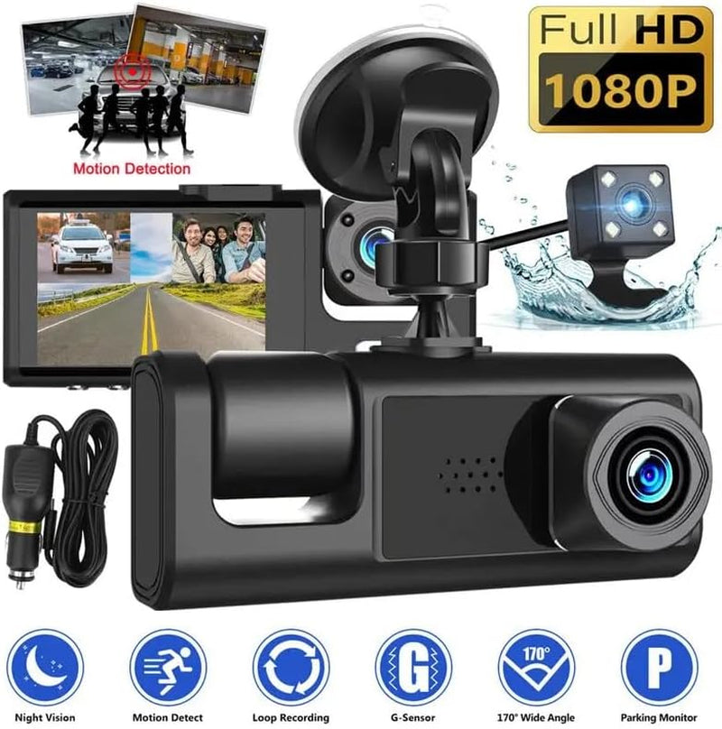 Dash Cam, Front and Rear Triple Lens Dash Cam 1080P Full HD Car Dash Cam with Iris G Sensor