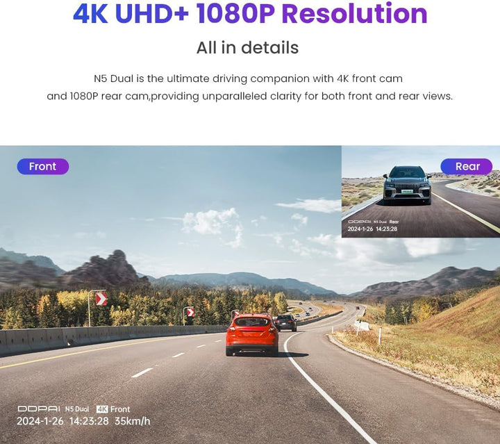 4K Car Dash Cam Front and Rear 2160P+1080P