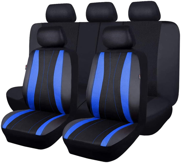 Car Seat Covers Full Set Faux Leather Air Mesh Breathable Man Lady Airbag Compatible Rear Bench Split 40/60 50/50 60/40 Truck Pick up (Full Set - Low Back, Black Blue)