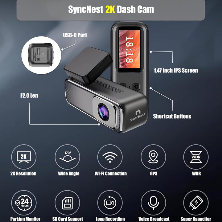 Dash Cam 2K Full HD for Cars with 1.47” IPS Screen