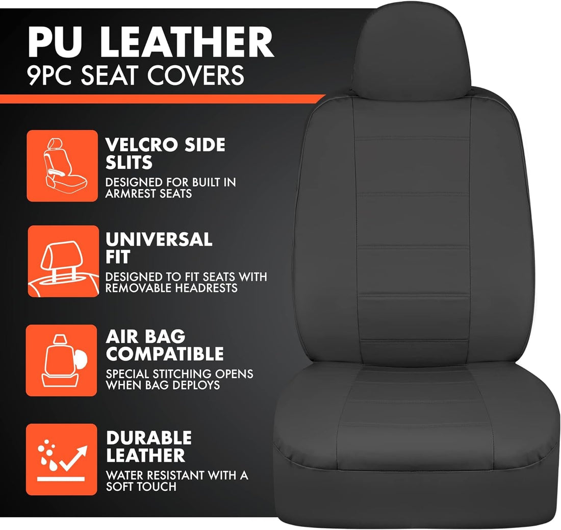 Carxs Black Leather Car Seat Covers Full Set, 9-Piece Faux Seat Covers