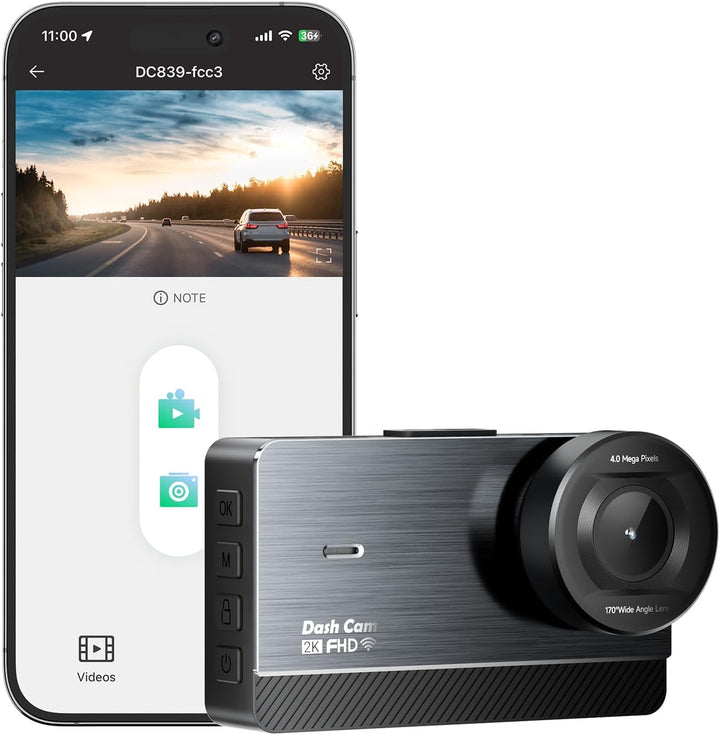 Wifi Dash Cam, 2K FHD Front Car Camera with 170°Wide Angle