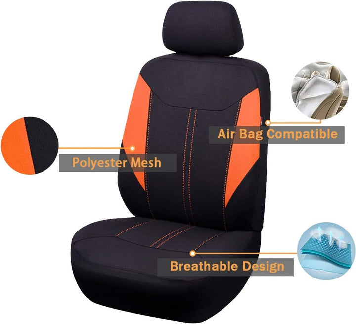 Car Seat Covers Full Set Protectors Fabric Sporty Color Black Gray Red Purple Orange Rear Bench Split SUV Truck (Orange)