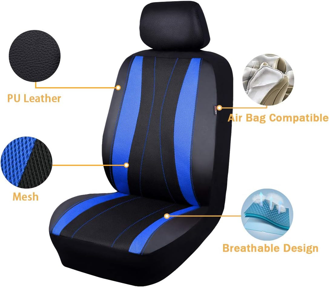 Car Seat Covers Full Set Faux Leather Air Mesh Breathable Man Lady Airbag Compatible Rear Bench Split 40/60 50/50 60/40 Truck Pick up (Full Set - Low Back, Black Blue)