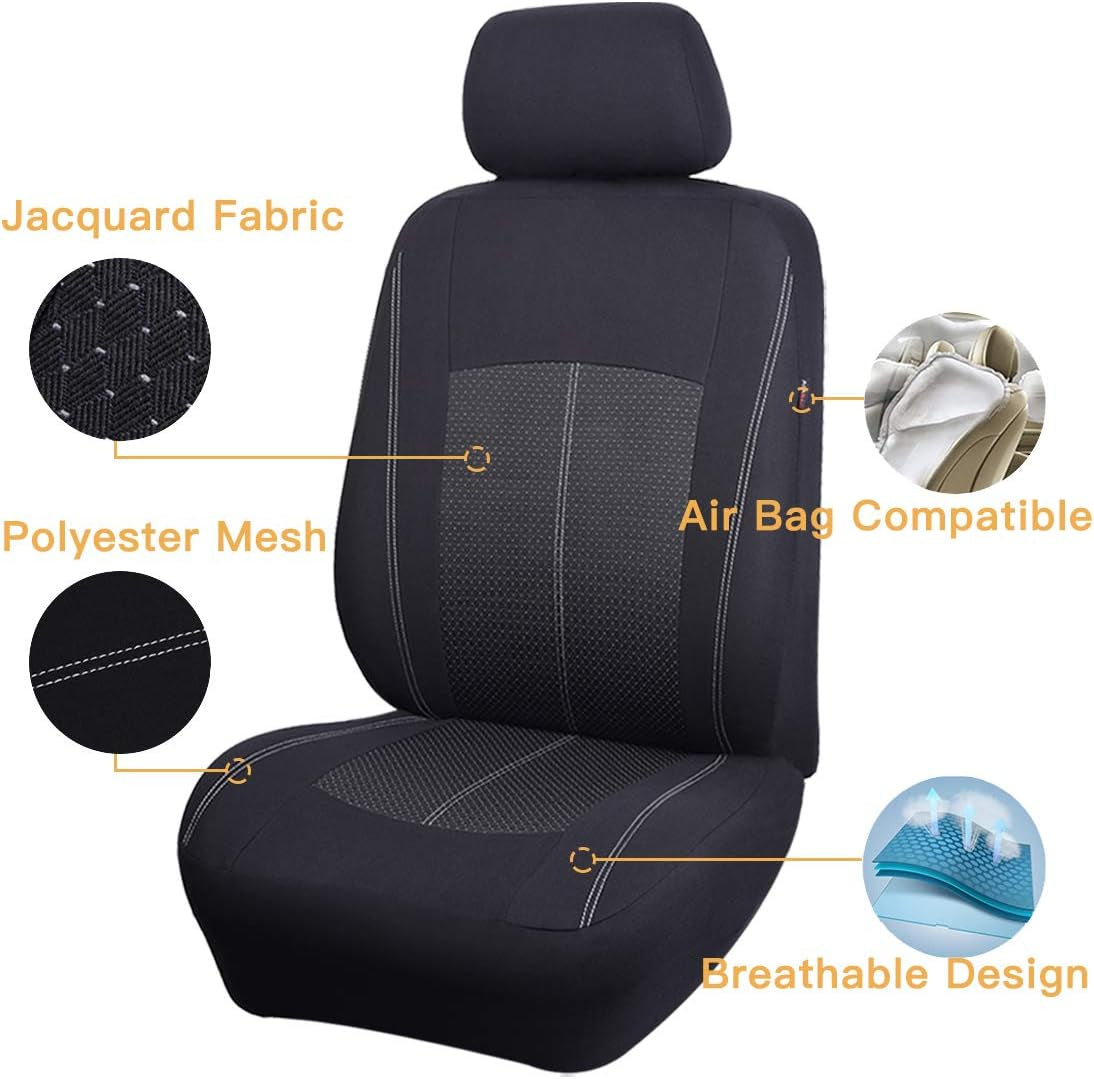 Car Seat Covers Full Set Universal Fit Most Car,Truck,Suv and Van Comfortable Airbag Compatible Jacquard & Polyester (Full Set - Low Back, Black)