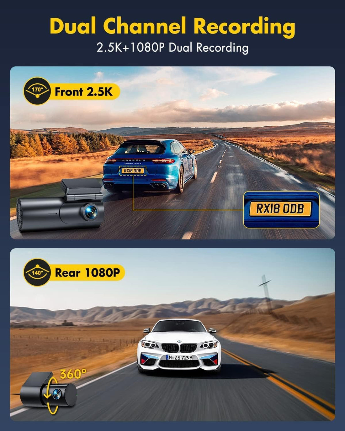 4K Wifi Dash Cam, Dual Front & Rear 2.5K+1080P