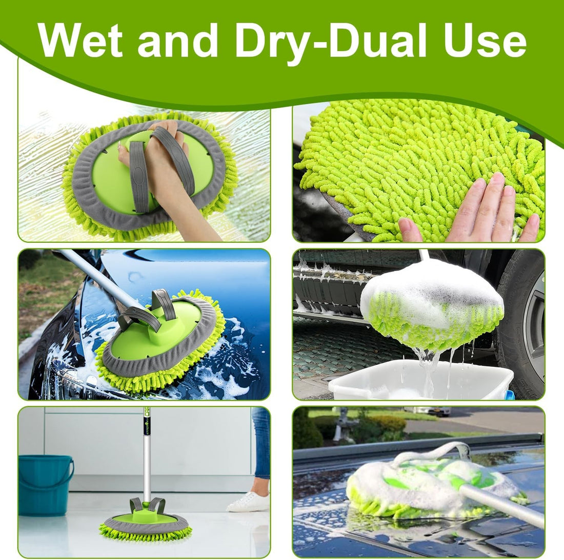 62" Microfiber Car Wash Brush Mop Kit Mitt Sponge with Long Handle Car Cleaning Supplies